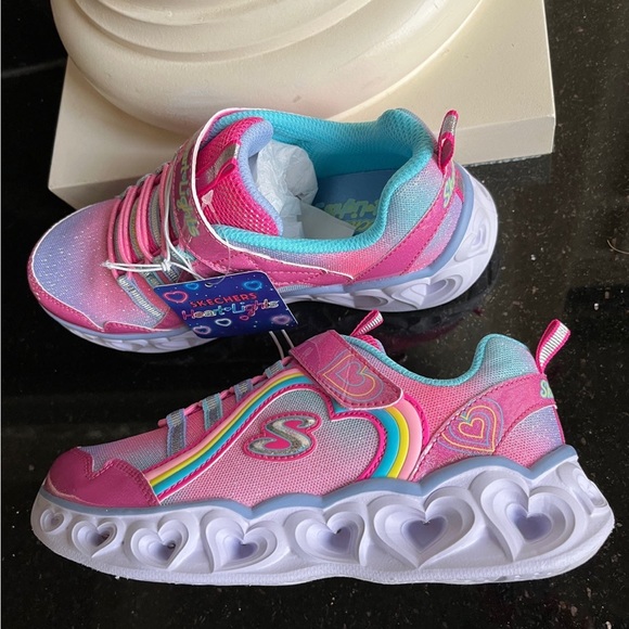 Sketchers Heart Light Up Shoes Pink Glittery Sneakers White Sole - Picture 9 of 16
